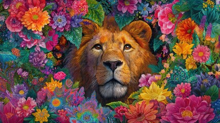 Fototapeta premium Majestic lion surrounded by vibrant colorful flowers in a lush jungle.