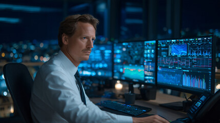 Fototapeta premium A man working at multiple computer screens displaying data and graphs.