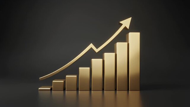 Golden Bar Chart With Upward Arrow Indicating Financial Growth Against Dark Background