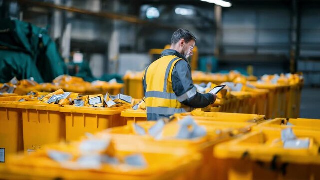 Medium shot of technician scanning barcode labels on waste bins to ensure accurate waste type tracking in an industrial recycling facility.