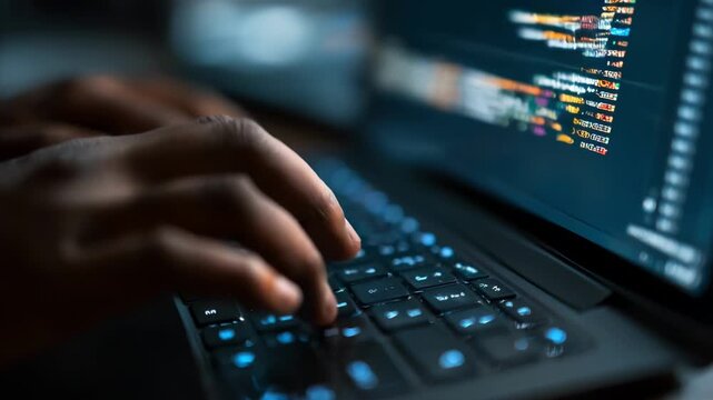 Closeup of a developer coding blockchain smart contracts for grant distribution emphasizing automation and immutability in public ledgers.