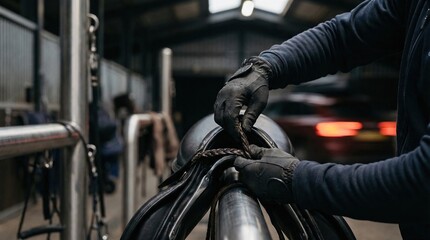 Naklejka premium Equestrian Preparing Horse Saddle in Stable