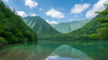 Fototapeta premium Serene Mountain Lake Reflection â€“ Lush Green Valley Landscape with Clear Blue Sky