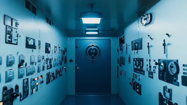Control room corridor lined with technical panels, illuminated gauges and blue light, evoking a futuristic industrial atmosphere of monitoring, power systems and secure operations