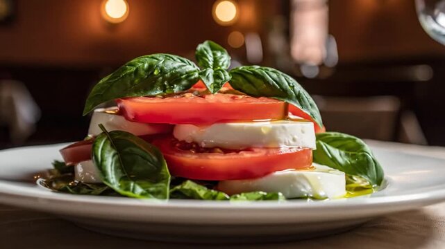 Delicious Caprese Salad Composition with Fresh Ingredients, Basil and Olive Oil Presented on White Plate in Restaurant