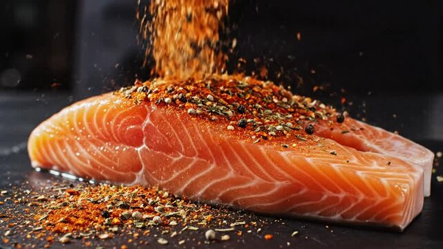 Chef sprinkling flavorful seasonings onto a beautiful raw salmon fillet on a dark surface for cooking