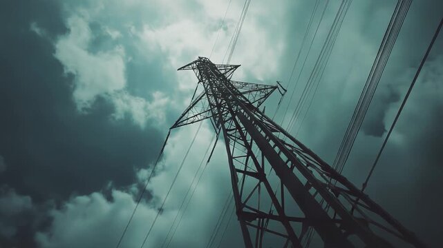 Tall industrial pylon standing against a powerful, cloudy overcast sky, symbolizing energy transmission, infrastructure, and the vital role of electricity in modern life