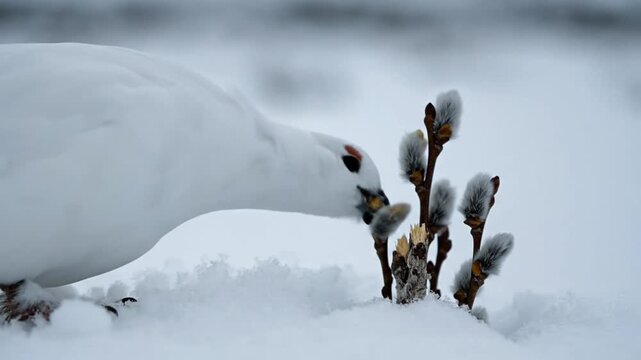 White ptarmigan foraging in the snow, pecking at willow catkins on a cold winter day