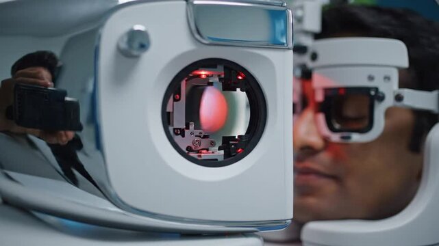 Man undergoing an eye examination using advanced retinal scanning technology in a modern ophthalmology clinic highlighting preventative healthcare and precision diagnostics