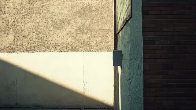 Urban building walls featuring rough plaster and dark brick textures, creating a striking contrast with the sunlight diagonally illuminating the ground and lower sections