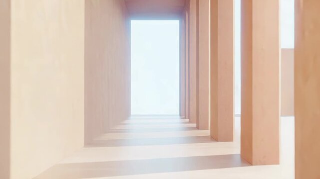 Minimalist architectural corridor in warm peach tones, featuring stark geometric shadow patterns extending along the floor and walls, creating a serene and contemplative atmosphere