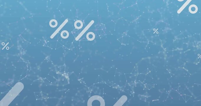 Animation of percent symbol over network of connections on blue background