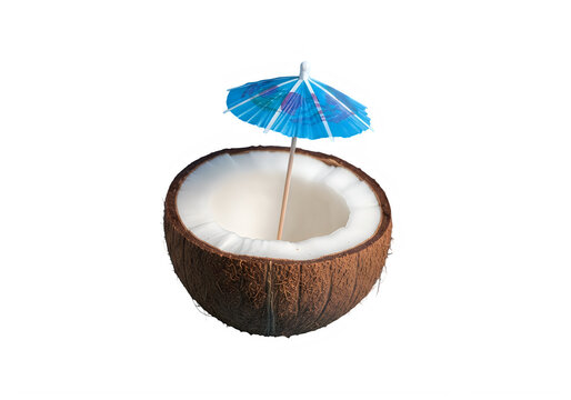 Refreshing coconut drink with a tiny blue umbrella on a white background