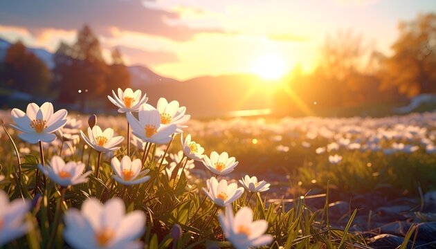 A field of delicate daisies basking in the warm glow of a golden sunset, creating a serene and picturesque landscape.