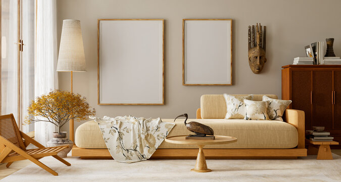 Japandi living room interior with beige sofa, wooden textures, patterned cushions, gentle daylight, and mock-up poster frame in modern cozy setting. 3D illustration.