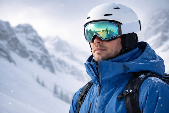 Backcountry skier wearing blue jacket, helmet and mirrored goggles stands against snowy peaks, illustrating alpine touring gear and winter travel