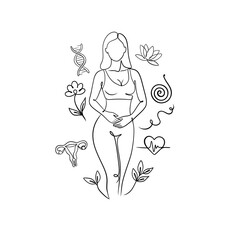 Minimalist One Line Art Illustration of a Woman with Wellness and Reproductive Health Symbols.