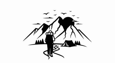 Fototapeta premium A backpacker approaches a tent near mountains under a sky with birds