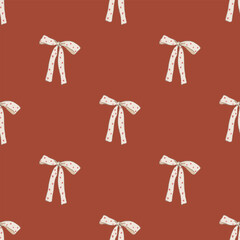Vector seamless pattern of white bows with hearts. Hand-drawn gift ribbon isolated on red background. Holiday illustration for design, print, fabric or background.