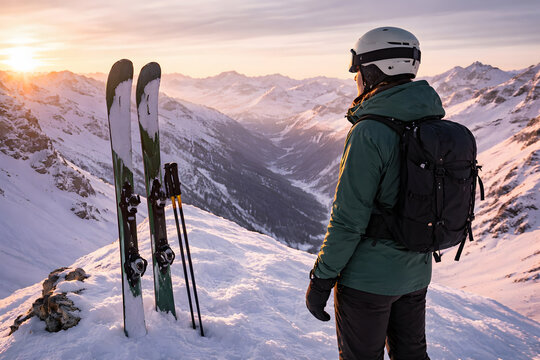 Backcountry skier stands near upright skis on a snowy ridge at sunrise, capturing alpine touring preparation and winter mountain landscape