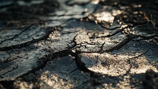 Dry cracked earth under harsh sunlight, parched ground texture showing severe drought, arid landscape and desertification as a sign of climate change and water scarcity