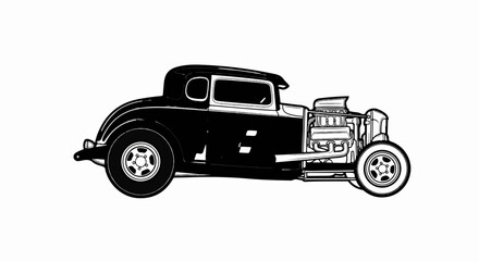 A black and white illustration of a classic hot rod car