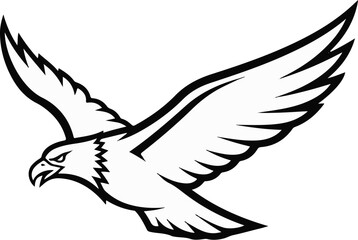 A black and white outline illustration of a raptor bird in flight