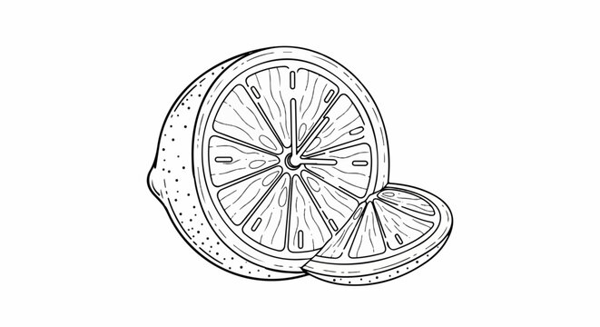 A black and white line drawing of a whole lemon slice and a wedge