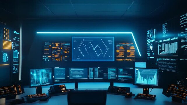 Control room with multiple computer screens displaying complex data, charts, and graphs in a dark environment, highlighting advanced information technology and cybersecurity concepts