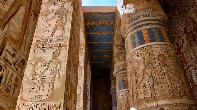 Medinet Habu temple colonnade with hieroglyphic inscriptions and relief carvings in Luxor Egypt, massive sandstone columns with papyrus capitals under dramatic blue sky.