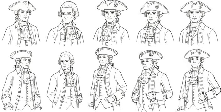 A collection of 10 black and white line drawings of men in 18th-century attire