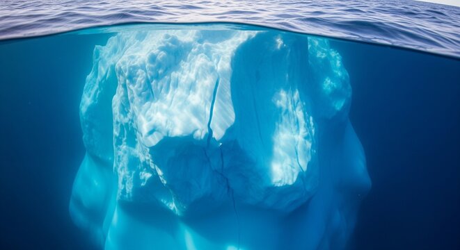 A dramatic split-level shot showing the massive submerged portion of an iceberg beneath the ocean surface. The deep blue water reveals the intricate, jagged textures of the ice, while the surface show