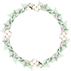 Fototapeta premium Watercolor botanical wreath with cotton, green eucalyptus, berries. Hand painted illustration isolated on white background. Round frame with copy space, for wedding invitations, cards, print design.