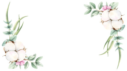 Cotton, green eucalyptus leaves, pink berries corner frame. Watercolor illustration isolated on white background. Botanical hand drawn painting with copy space for greeting cards, wedding invitations © VaivaMi