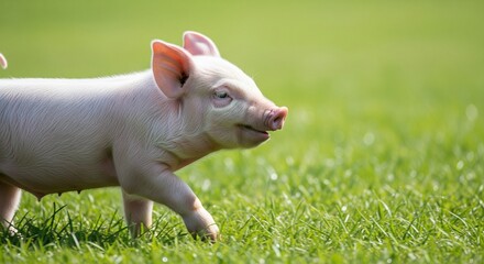 A small pink piglet happily running across a vibrant green grassy field. The shot captures movement and a cheerful atmosphere in bright daylight