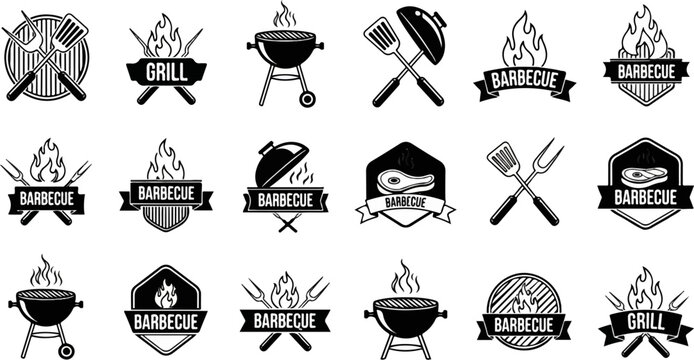 A collection of black and white barbecue and grill logos with various icons