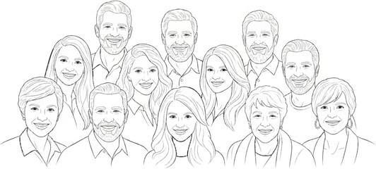 A group portrait sketch of smiling men, women, and an older woman