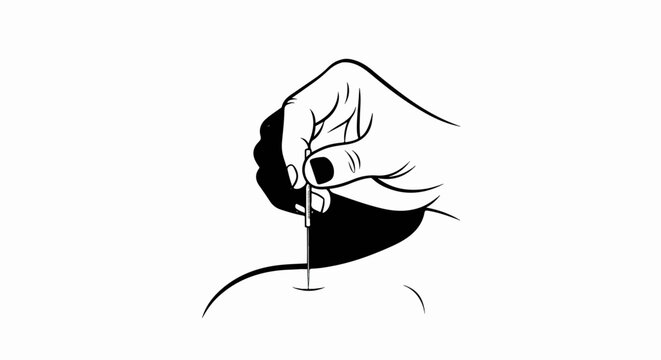 A hand holding a needle piercing skin for acupuncture or injection