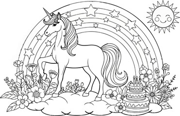 Obraz premium A magical unicorn stands on clouds with flowers, rainbow, stars, and cake