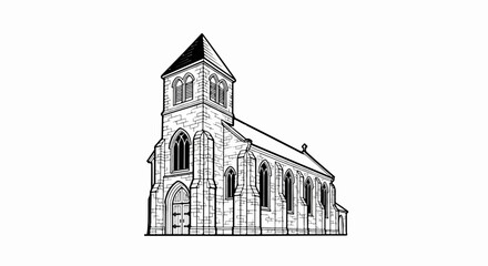 Fototapeta premium A detailed line drawing of a stone church with a prominent tower