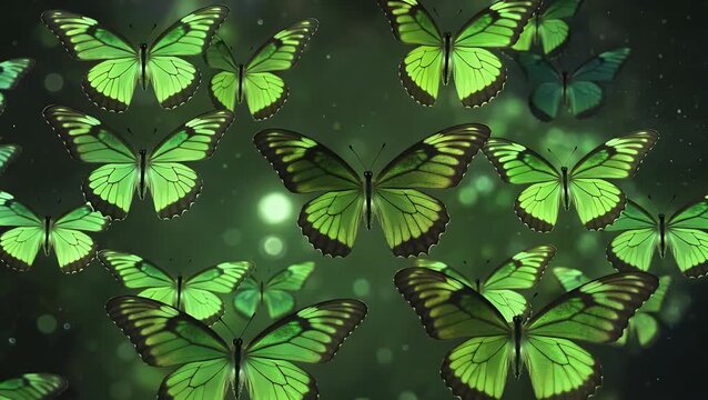 cinematic 4k video of glowing butterflies with a greenish radiance flapping gently against a dark atmospheric background evoking mystery, wonder, the enchanting beauty of magical night-inspired