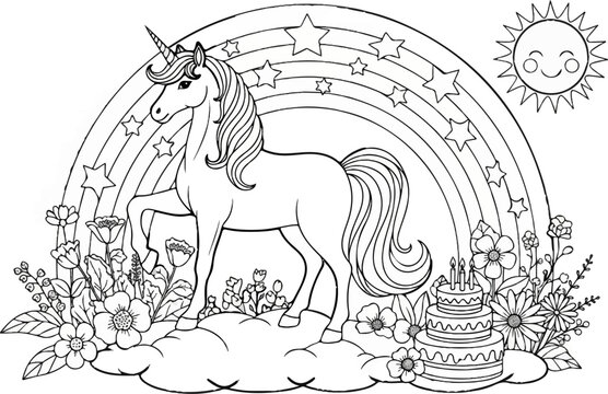 A magical unicorn stands on clouds with flowers, rainbow, stars, and cake