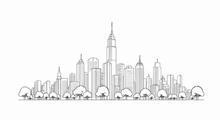 Obraz premium A hand-drawn sketch of a city skyline with trees in the foreground