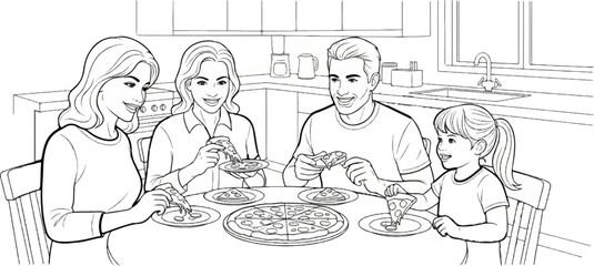 A happy family enjoying pizza together at a kitchen table
