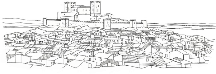Obraz premium A detailed sketch of a walled village nestled beneath a sprawling ancient castle on a hill