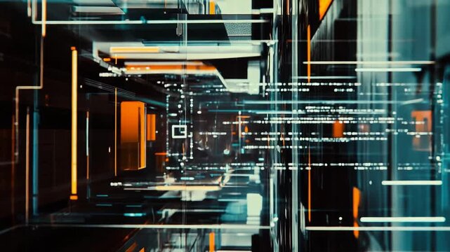 Glowing lines and rectangular grids form an abstract digital network, visualizing data transfer, ai communication, cloud computing, and futuristic information systems and analytics
