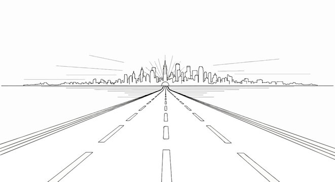 A road leads to a stylized city skyline with radiating lines