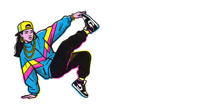 A vibrant illustration of a 90s dancer with a gold chain and sneakers