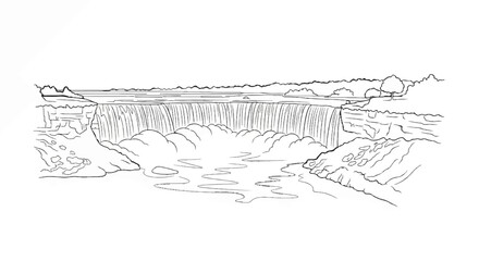 Fototapeta premium A dramatic waterfall cascades over layered cliffs into a misty pool below, surrounded by trees