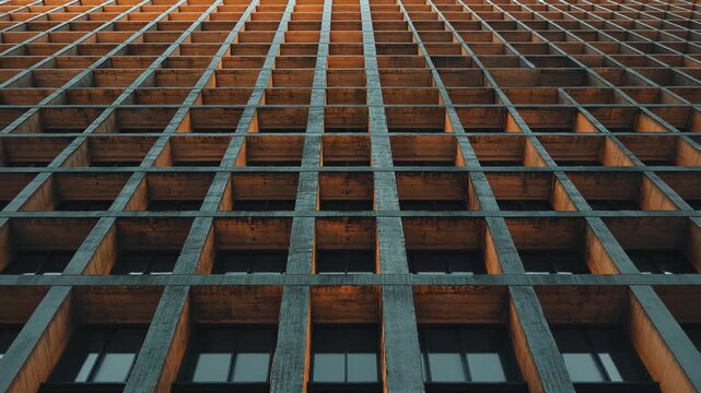 Modern concrete facade with a repetitive grid of deep square recesses and strong geometric lines, highlighting rough texture, shadows and monumental brutalist rhythm